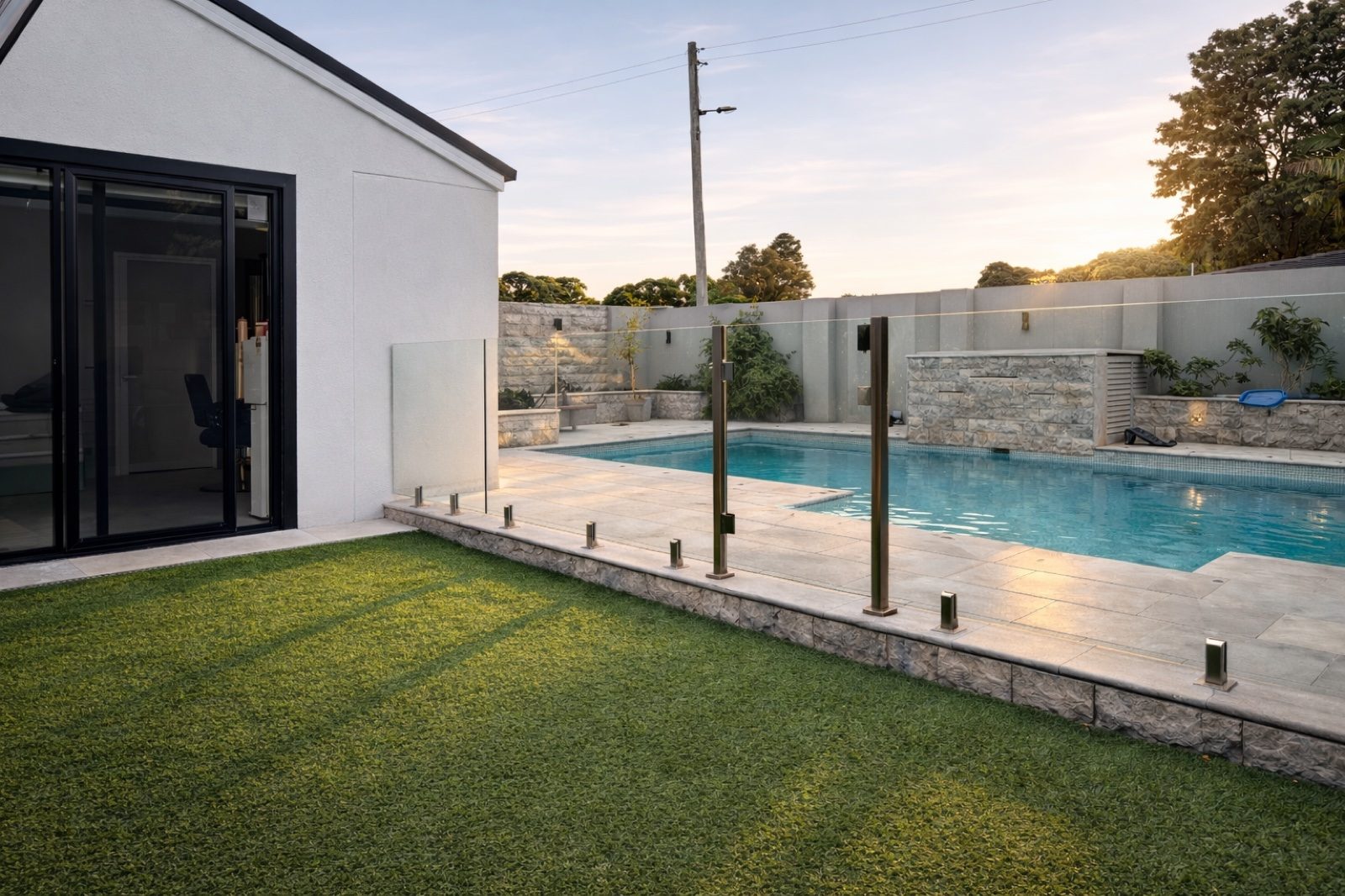 Pool and lawn in the sun